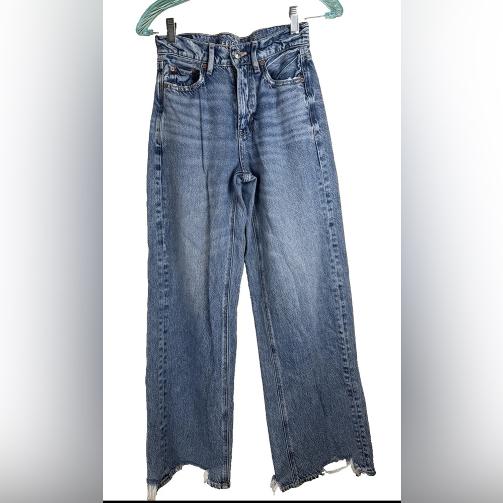 American Eagle Women's Super High Rise Baggy Wide Leg Blue Jeans Raw Hem 000/XXS